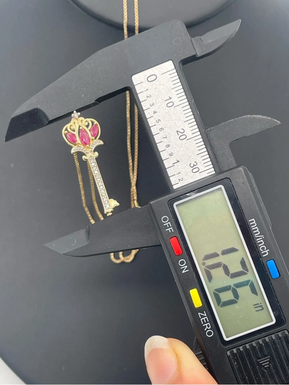 14K Gold Ruby Diamond Key Pendant Necklace 30” Box Chain Authenticated Estate - Picture 8 of 10